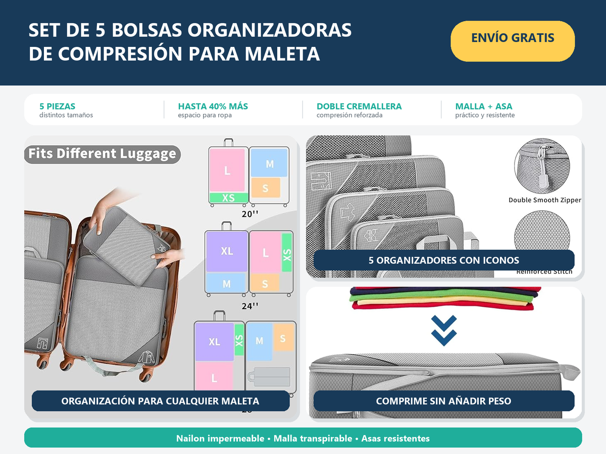 Set de 5 bolsas organizadoras de compresión para maleta