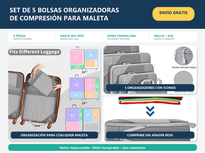 Set de 5 bolsas organizadoras de compresión para maleta