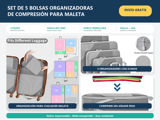 Set de 5 bolsas organizadoras de compresión para maleta